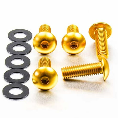 Gold dome head alloy bolts (M8 x 1.25mm x 16mm x 25mm) with hex socket, accompanied by six black washers, showcasing a shiny finish and durable material.
