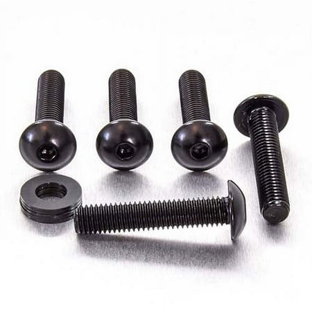 Black alloy dome head bolts, M8 size, measuring 16mm and 40mm in length, with a smooth finish and included nut, arranged neatly on a light surface.