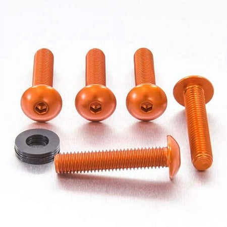 Four orange dome head alloy bolts, sized M8 x 1.25mm x 16mm x 40mm, with a black washer, showcasing a smooth finish and hexagonal socket heads.