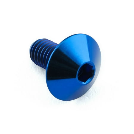Blue titanium dome head bolt with M5 x 0.80mm thread, 12mm length, and 10mm diameter, featuring a hexagonal socket for easy installation.