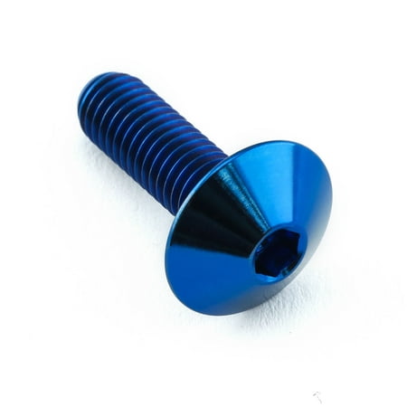 Blue titanium dome head bolt with M5 x 0.80mm thread and 16mm length, featuring a hex socket drive and a polished finish for durability and aesthetic appeal.