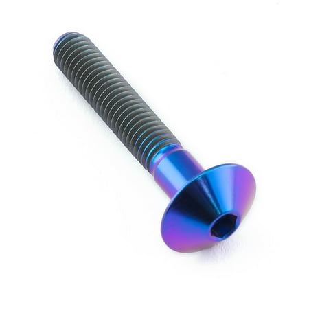 Purple titanium dome head bolt with a hexagonal socket, measuring M5 x 0.80mm and 30mm in length, featuring a smooth, shiny finish and spiral threading.