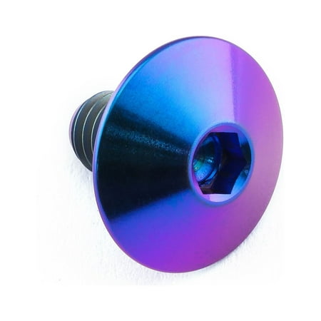 Purple titanium dome head bolt with a hexagonal socket, measuring M6 X 1.00mm (16mm) X 10mm, showcasing a shiny, iridescent finish.