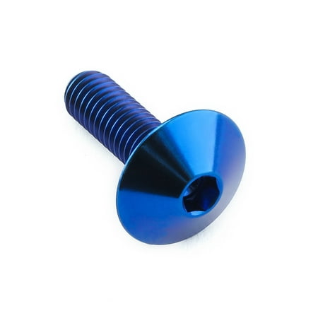Dome head titanium bolt in vibrant blue, featuring a hexagonal socket and threaded shaft, measuring M6 x 1.00mm with a length of 20mm.