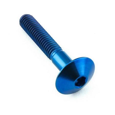 Blue titanium dome head bolt with M6 x 1.00mm threading, measuring 16mm in diameter and 35mm in length, showcasing a smooth, shiny finish.