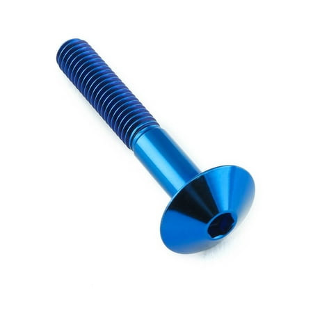 Blue titanium dome head bolt with a hexagonal socket, measuring M6 x 1.00mm, available in lengths of 16mm and 40mm, showcasing a sleek and durable design.
