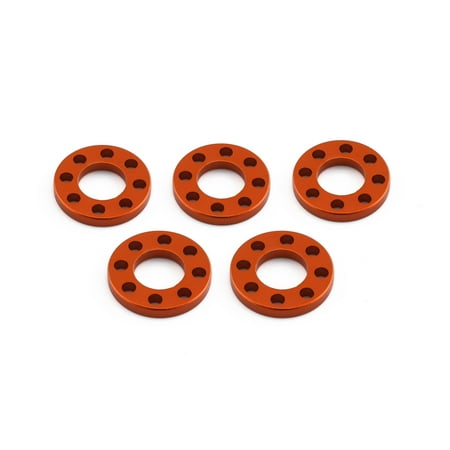 Five orange drilled alloy washers, each measuring M10x20mm, featuring multiple holes around the edge for enhanced functionality and lightweight design.