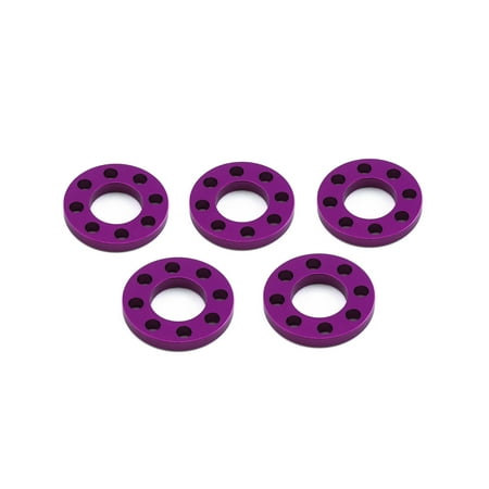 Five purple drilled alloy washers, each measuring M10x20mm, showcasing a circular design with multiple holes for enhanced performance and lightweight properties.