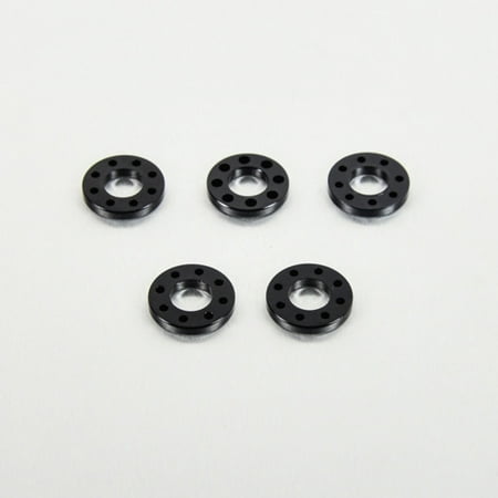 Five black drilled alloy washers, each M12x25mm, featuring a smooth outer surface and multiple holes for enhanced performance, arranged on a light background.