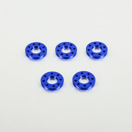 Five blue drilled alloy washers, each measuring M12x25mm, showcasing a shiny finish and evenly spaced holes around the center.