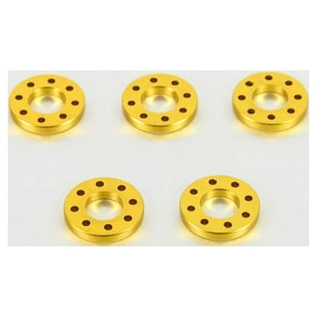 Five gold drilled alloy washers, each measuring M12x25mm, featuring multiple holes for enhanced fastening, showcasing a smooth, metallic finish.