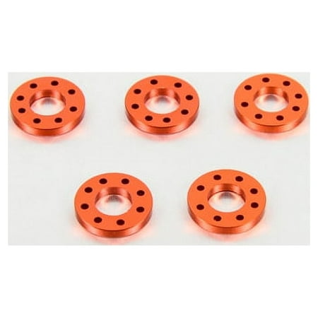Five orange drilled alloy washers, each measuring M12x25mm, featuring a circular design with multiple holes for enhanced functionality.