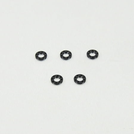 Five black drilled alloy washers, each measuring M5x10mm, arranged neatly on a light background, showcasing their circular shape and precision drilling.