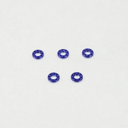 Five blue drilled alloy washers, each measuring M5x10mm, showcasing a shiny finish and circular design, ideal for enhancing mechanical applications.