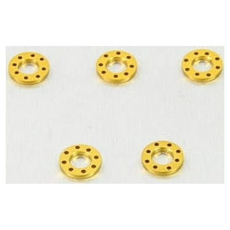 Five gold drilled alloy washers, each measuring M5x10mm, featuring a circular design with evenly spaced holes around the center.