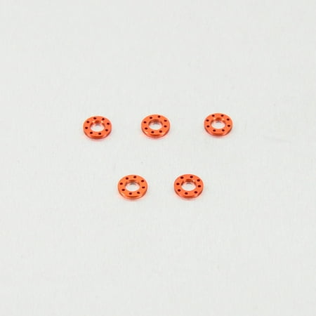 Five orange drilled alloy washers, each measuring M5x10mm, arranged in a circular pattern on a light background, showcasing their lightweight and durable design.
