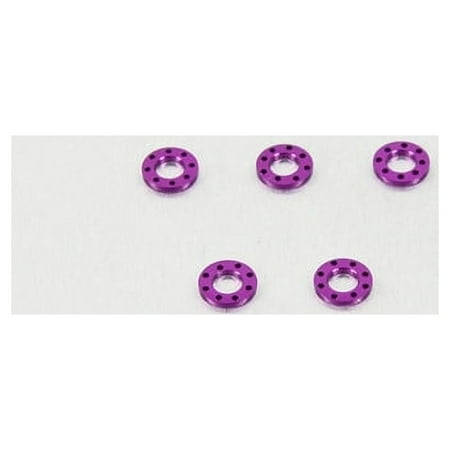 Five purple drilled alloy washers, each measuring M5x10mm, showcasing a sleek, metallic finish and multiple holes for enhanced fastening.