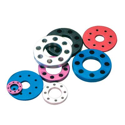 Drilled alloy washers in various colors including silver, blue, pink, and black, featuring multiple holes, packaged as a set of five, sized M5x10mm.