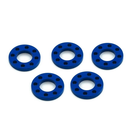Five blue drilled alloy washers, each measuring M8x16mm, featuring multiple holes for enhanced functionality, arranged neatly in a pack.