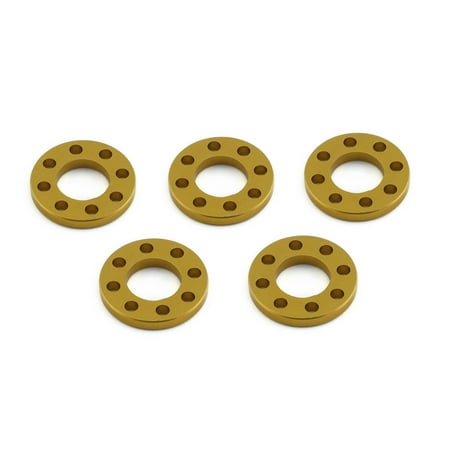 Five gold drilled alloy washers, each measuring M8x16mm, featuring a circular design with multiple holes around the edge for enhanced fastening.