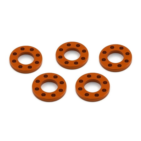 Five orange drilled alloy washers, each measuring M8x16mm, featuring multiple holes for enhanced performance, arranged in a neat layout.