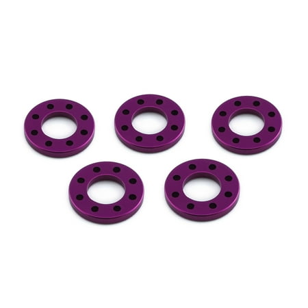 Five purple drilled alloy washers, each measuring M8x16mm, featuring a circular design with multiple holes for enhanced fastening.