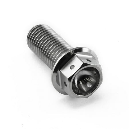 Flanged hex head titanium bolt in silver, measuring M10 x 1.25mm x 25mm, featuring a smooth finish and six-sided head for easy installation.