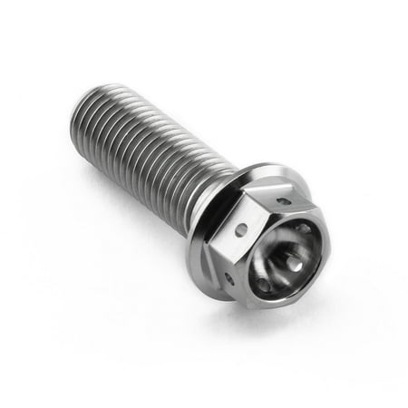 Flanged hex head titanium bolt in silver, measuring M10 x 1.25mm x 30mm, featuring a smooth shaft and a hexagonal head with six holes for secure fastening.