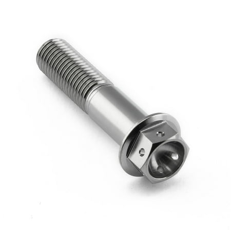 Flanged hex head titanium bolt in silver, measuring M10 x 1.25mm x 45mm, features a smooth shaft and a hexagonal flange for secure fastening.
