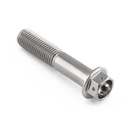 Flanged hex head titanium bolt in silver, measuring M10 X 1.25mm X 50mm, featuring a smooth shaft and a flanged head with six recessed holes for secure fastening.