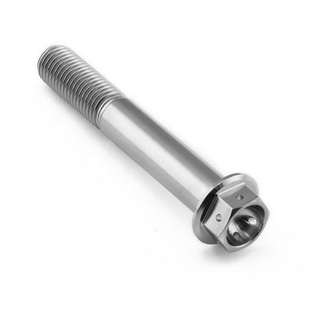 Flanged hex head titanium bolt in silver, measuring M10 x 1.25mm x 65mm, featuring a smooth shaft and a hexagonal socket for easy installation.