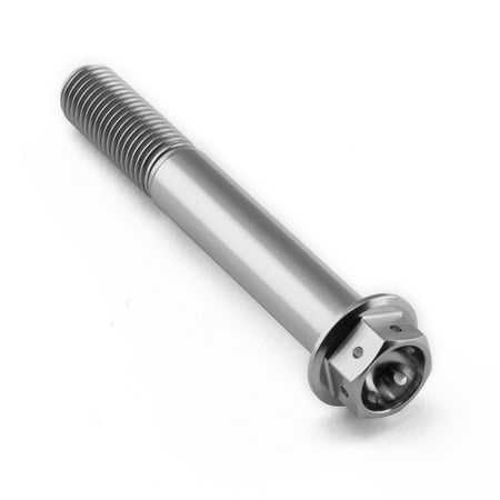 Flanged hex head titanium bolt in silver, measuring M10 x 1.25mm x 70mm, featuring a smooth shaft and a detailed head design for racing applications.