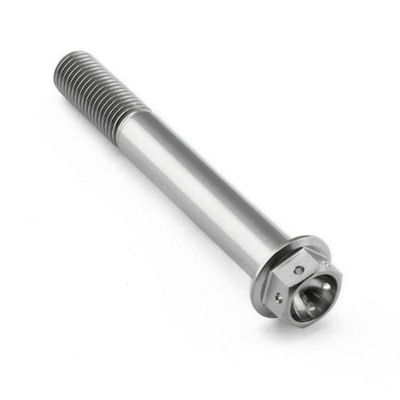 Flanged hex head titanium bolt in silver, measuring M10 x 1.25mm x 75mm, featuring a smooth shaft and a durable, lightweight design ideal for racing applications.