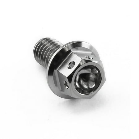 Flanged hex head titanium bolt in silver, measuring M6 x 1.00mm x 12mm, featuring a polished finish and precision-engineered design for racing applications.