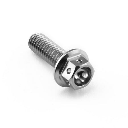 Flanged hex head titanium bolt in silver, measuring M6 x 1.00mm x 18mm, featuring a smooth finish and a unique head design for enhanced performance.