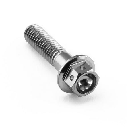Flanged hex head titanium bolt in silver, measuring M6 X 1.00mm X 25mm, featuring a smooth finish and race-spec design for lightweight performance.