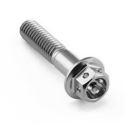 Flanged hex head titanium bolt in silver, measuring M6 x 1.00mm x 28mm, featuring a smooth, durable finish and a hexagonal drive for easy installation.