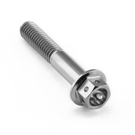 Flanged hex head titanium bolt in silver, measuring M6 x 1.00mm x 35mm, featuring a distinctive hexagonal head and smooth, threaded shaft for enhanced durability and performance.