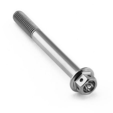 Flanged hex head titanium bolt in silver, measuring M6 x 1.00mm x 55mm, featuring a sleek design and durable construction, ideal for racing applications.