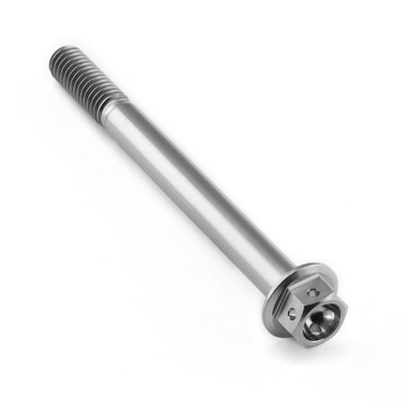 Flanged hex head titanium bolt in silver, measuring M6 x 1.00mm x 65mm, featuring a smooth shaft and a hexagonal drive for easy installation.