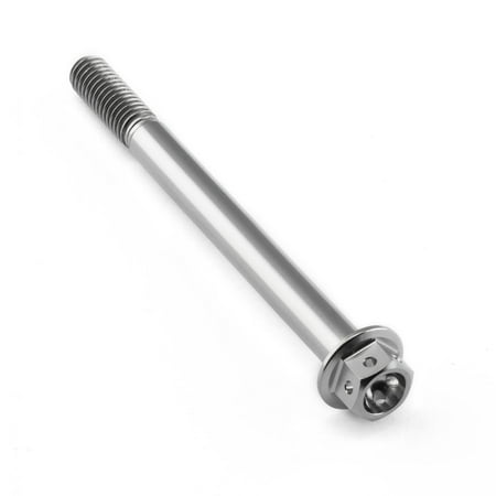 Flanged hex head titanium bolt in silver, measuring M6 x 1.00mm x 70mm with a 30mm length, featuring a sleek, corrosion-resistant design for racing applications.