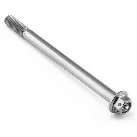 Flanged hex head titanium bolt in silver, measuring M6 X 1.00mm X 85mm, featuring a smooth finish and a robust design for racing applications.
