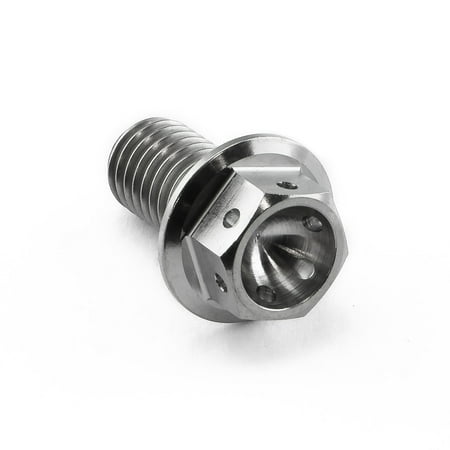 Flanged hex head titanium bolt in silver, measuring M8 x 1.25mm x 15mm, featuring a sleek design with a six-sided head and drilled holes for lightweight performance.