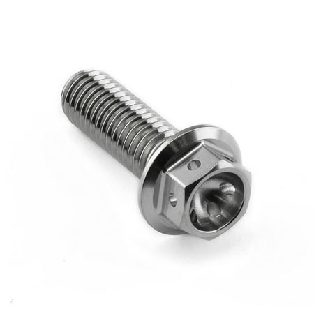 Flanged hex head titanium bolt in silver, measuring M8 x 1.25mm x 25mm, featuring a smooth, polished finish and deep hex socket for enhanced grip.