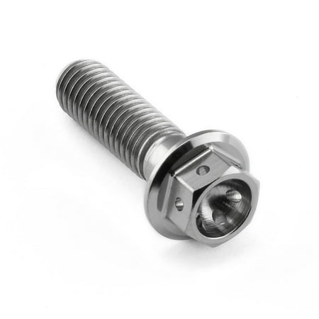 Flanged hex head titanium bolt in silver, measuring M8 x 1.25mm x 28mm, featuring a smooth shaft and a hexagonal socket for easy installation.