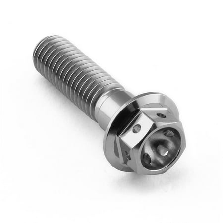Flanged hex head titanium bolt in silver, measuring M8 x 1.25mm x 30mm, featuring a sleek design with a hexagonal head and visible threading along the shaft.