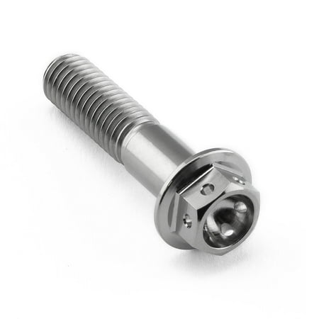 Flanged hex head titanium bolt in silver, measuring M8 x 1.25mm x 35mm, featuring a smooth shaft and a circular flange with a hexagonal socket for secure fastening.