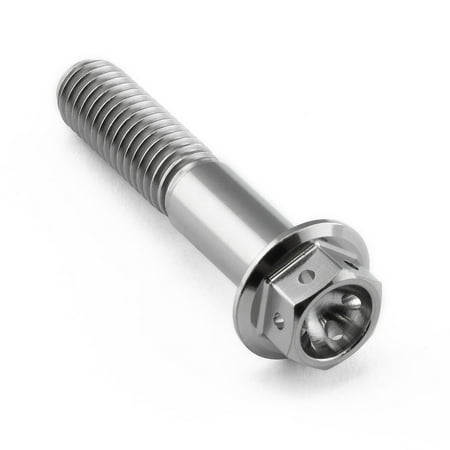 Flanged hex head titanium bolt in silver, measuring M8 x 1.25mm x 40mm, featuring a smooth shaft and a hexagonal head with a recessed socket for torque application.