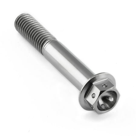 Flanged hex head titanium bolt in silver, measuring M8 x 1.25mm x 50mm, featuring a smooth shaft and a hexagonal head with a recessed socket for easy installation.