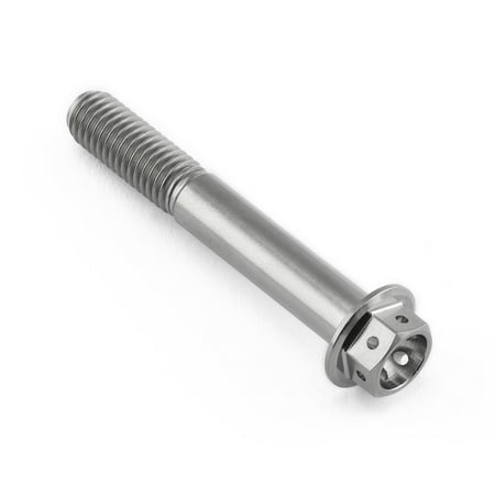 Flanged hex head titanium bolt in silver, measuring M8 x 1.25mm x 55mm with a 24mm flange, featuring a smooth, polished finish and spiral threading.